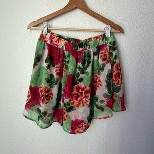High Waist Green and Red Floral Shorts